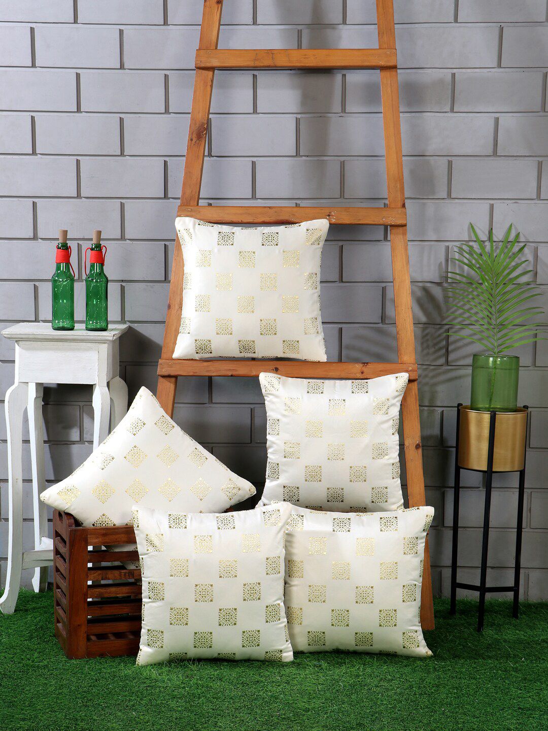 Nendle Beige & White 5 Pieces Embellished Square Cushion Covers-picture-41