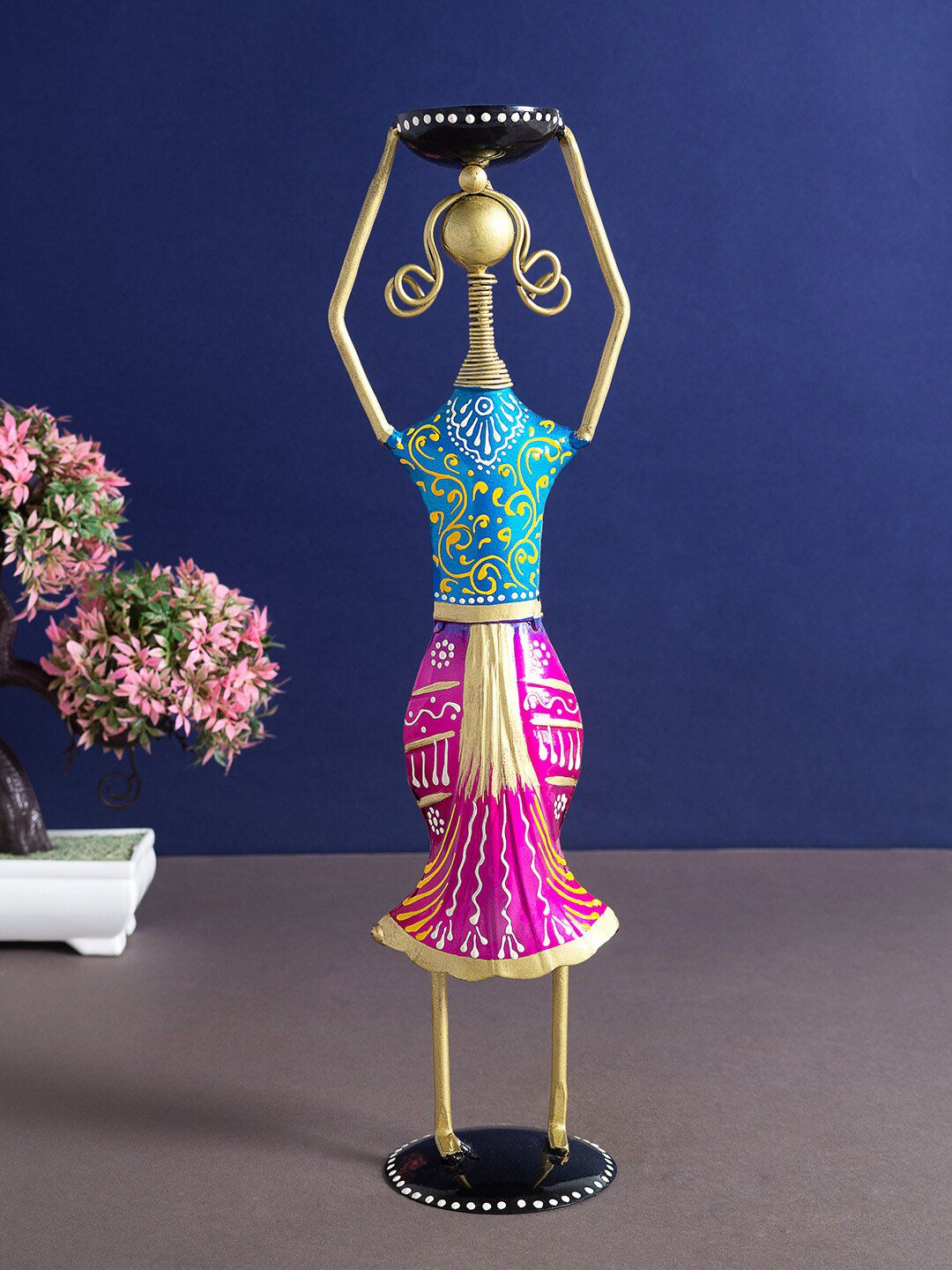 Golden Peacock Blue & Pink Village Women Figurine Showpiece-picture-14