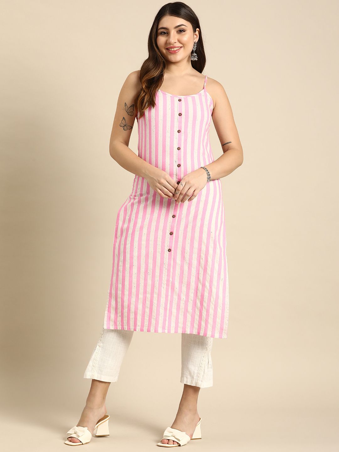 Anouk Vertical Striped Shoulder Strap High Slit Straight Kurta