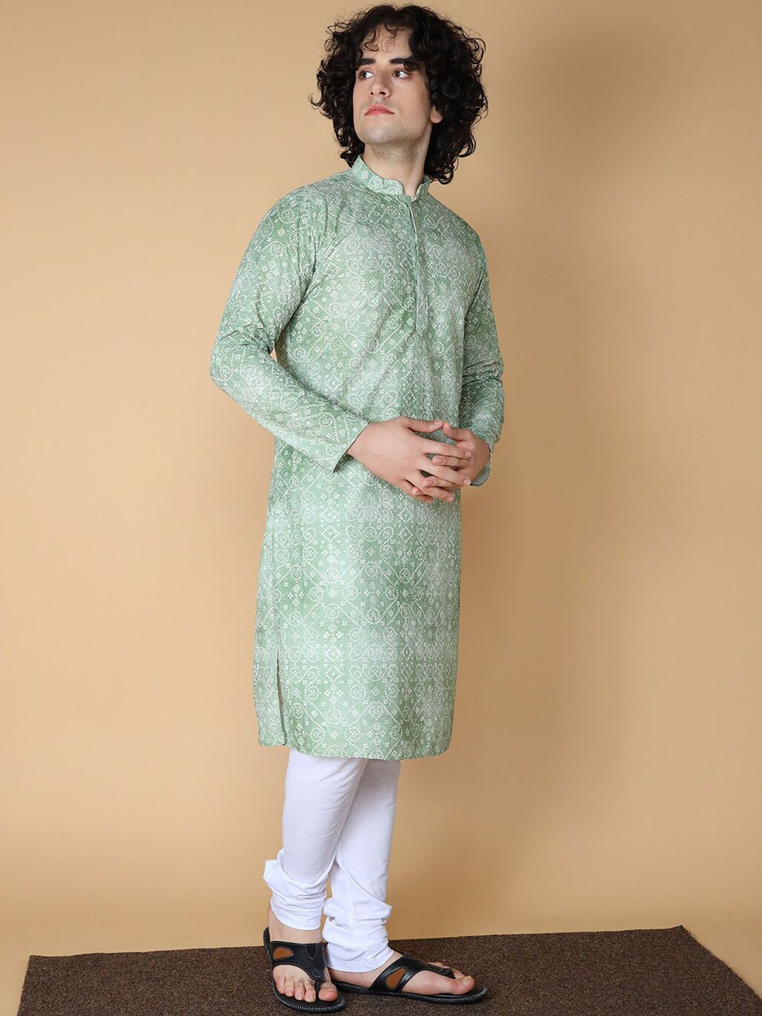 NAMASKAR Men Bandhani Printed Regular Pure Cotton Chikankari Kurta with Churidar-picture-17