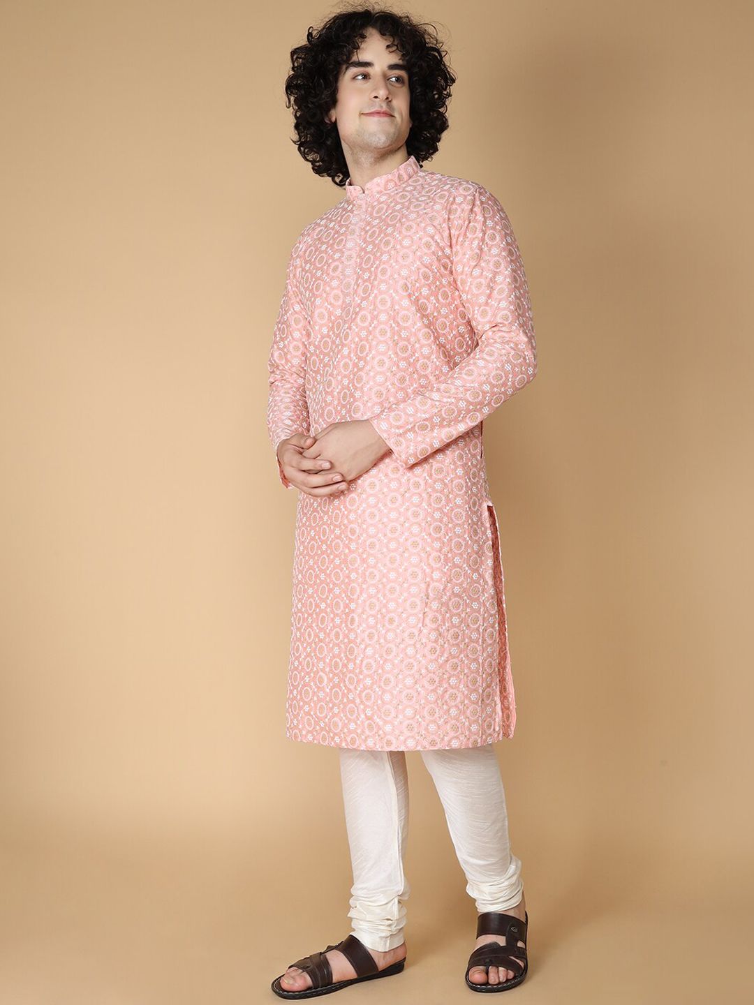 NAMASKAR Men Pink Floral Embroidered Regular Pure Silk Kurta with Churidar-image-13