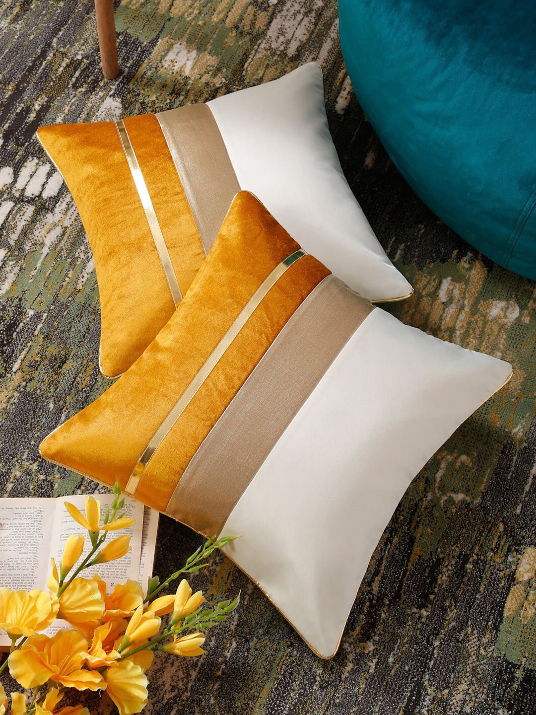 HOSTA HOMES White & Orange 2 Pieces Colourblocked Square Cushion Covers-picture-22
