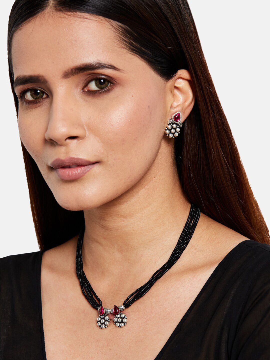ATIBELLE Set Of 2 Silver-Plated & Stone-Studded Black Beaded Mangalsutras