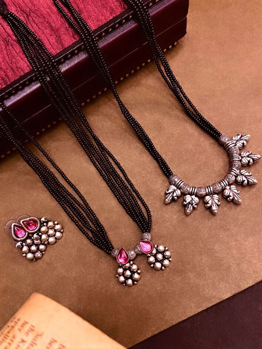ATIBELLE Set Of 2 Silver-Plated & Stone-Studded Black Beaded Mangalsutras