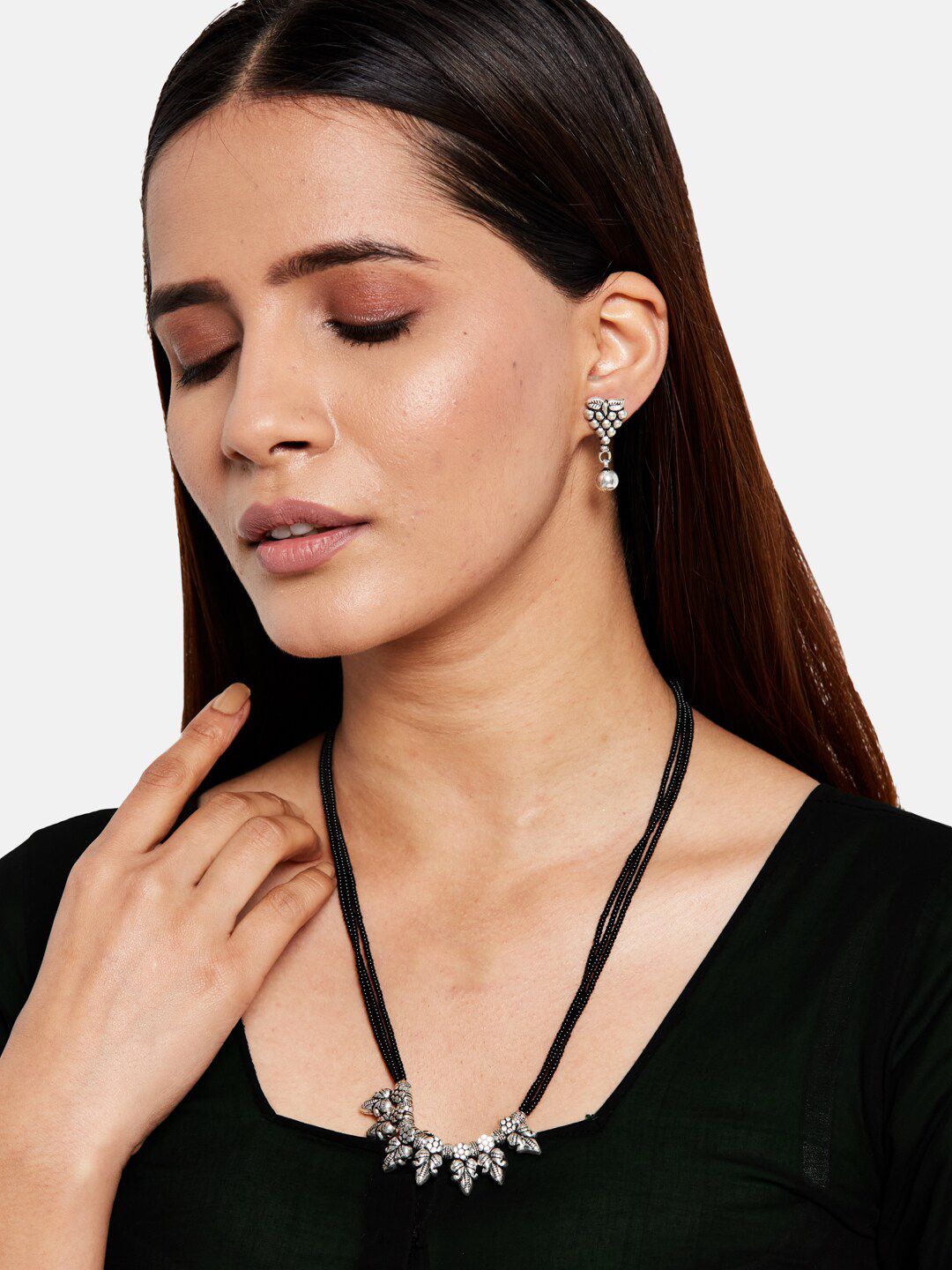 ATIBELLE Set Of 2 Silver-Plated & Stone-Studded Black Beaded Mangalsutras