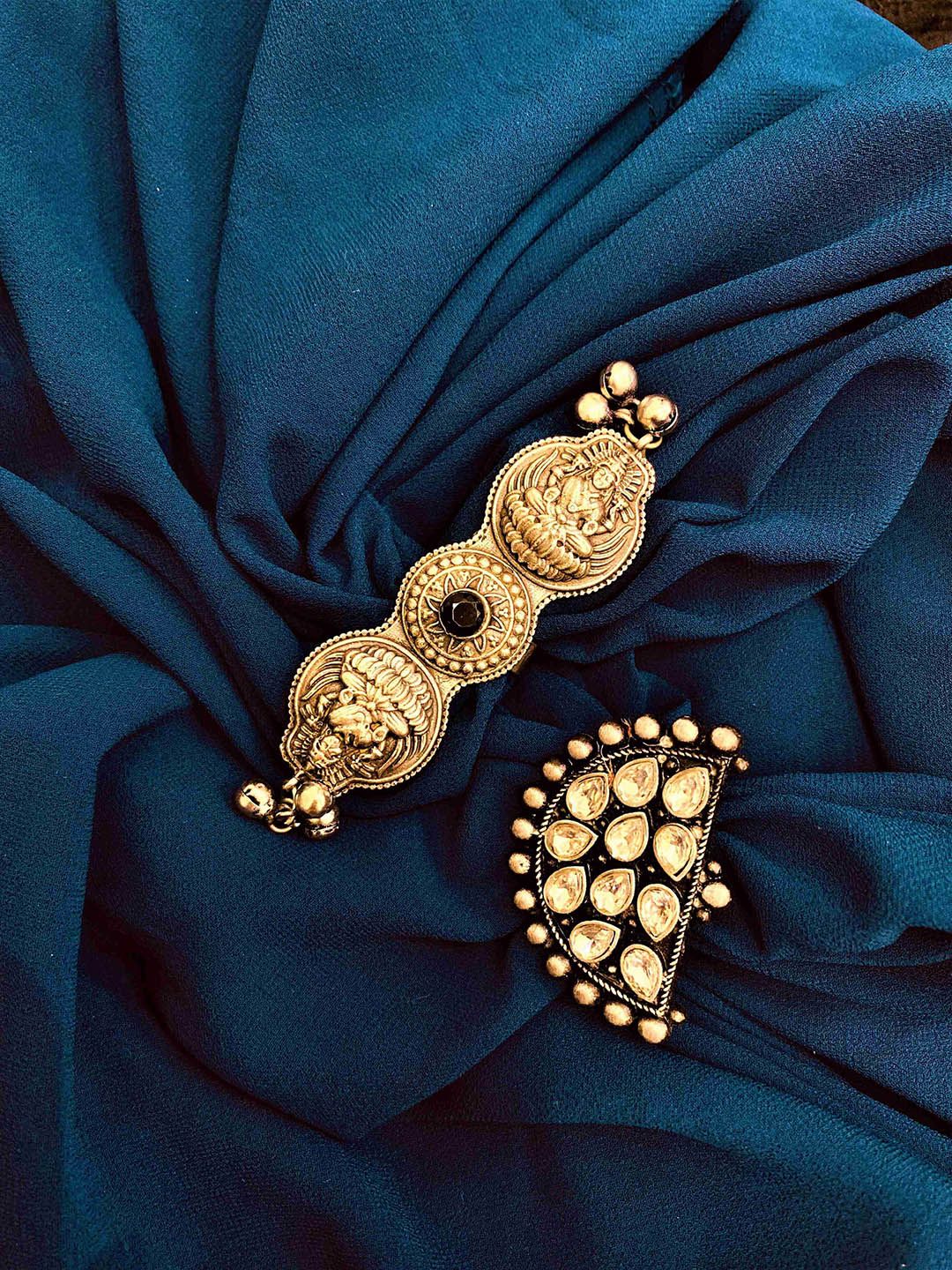 ATIBELLE Set Of 2 Silver-Plated Kundan-Studded & Goddess Inspired Adjustable Finger Rings