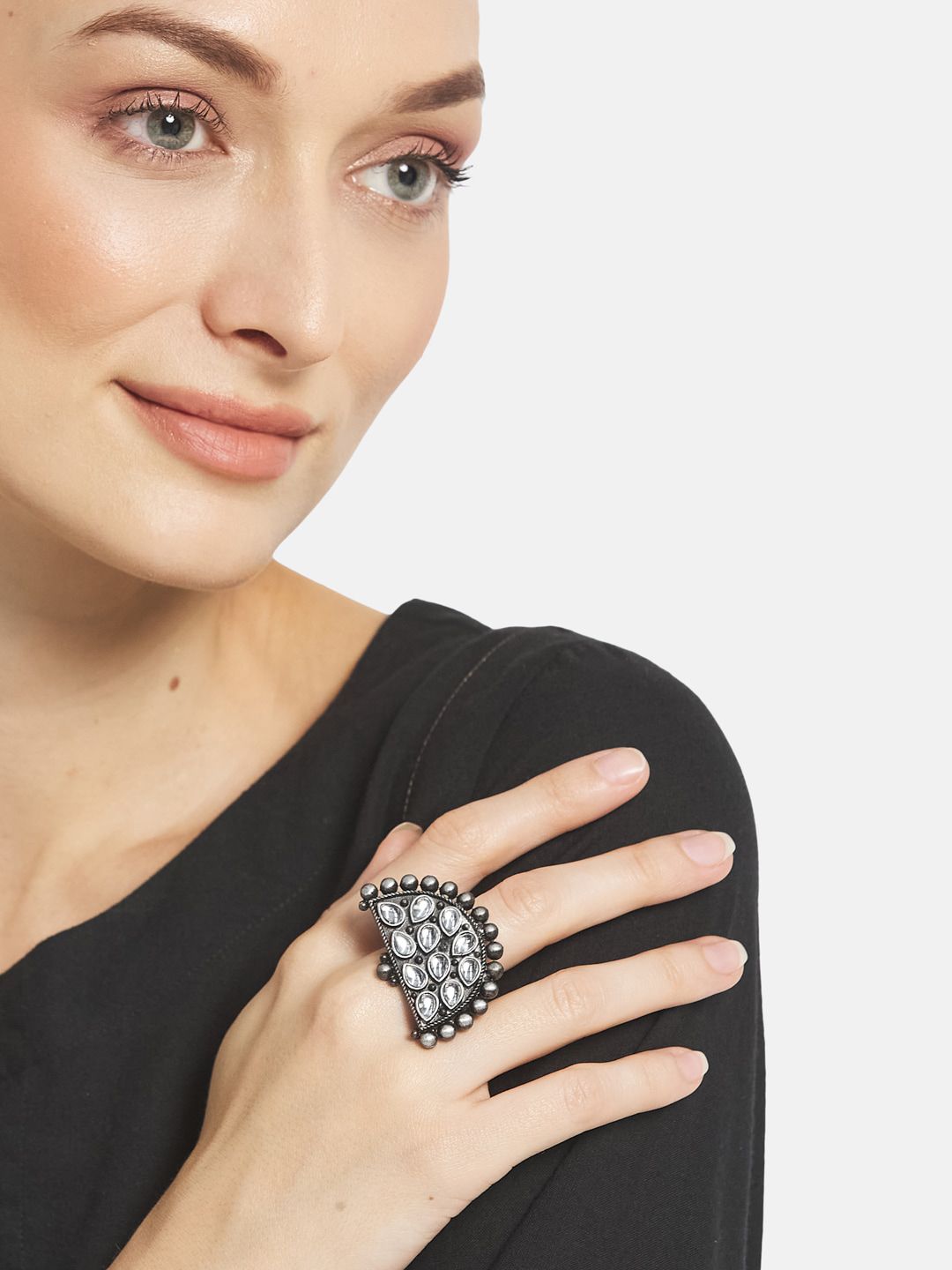 ATIBELLE Set Of 2 Silver-Plated Kundan-Studded & Goddess Inspired Adjustable Finger Rings