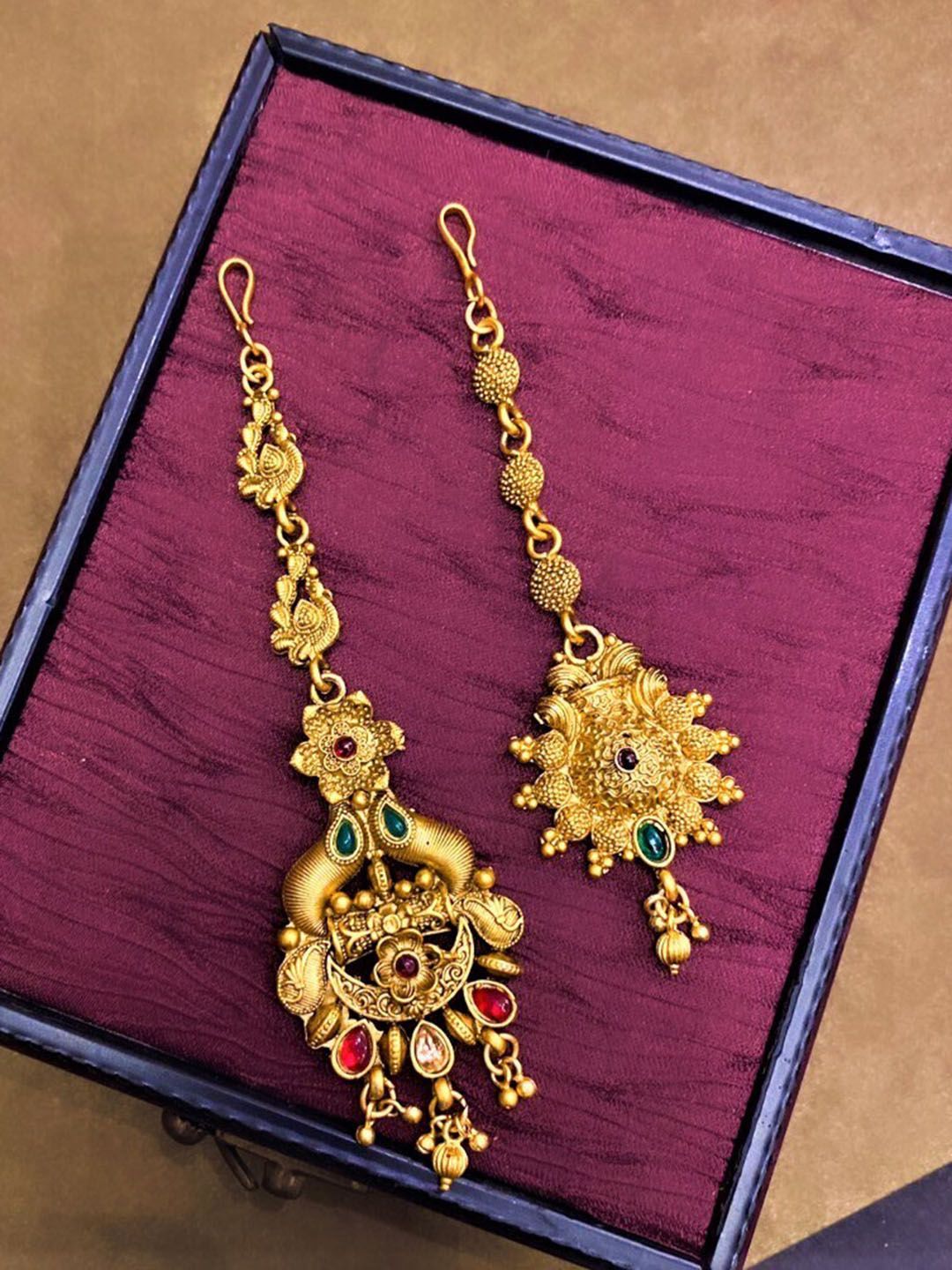 ATIBELLE Set Of 2 Gold-Plated Stone-Studded & Floral Shaped Maangtikkas