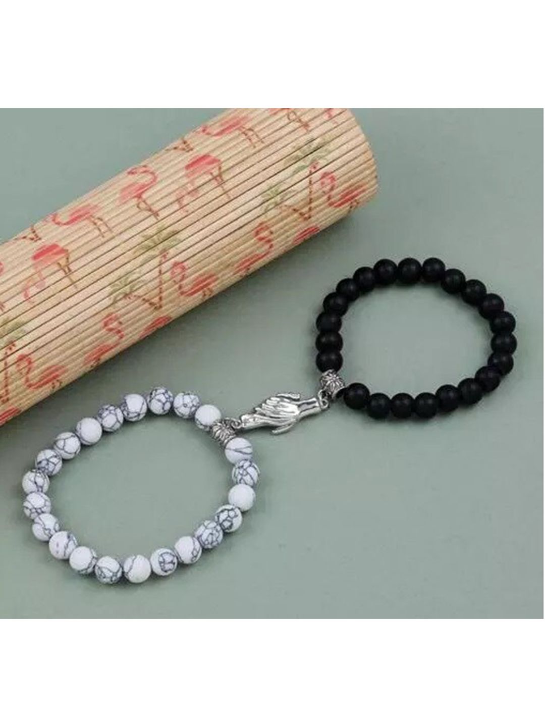 MEENAZ Unisex Set Of 2 Silver-Plated Magnetic Couple Adjustable Elasticated Bracelets-picture-26