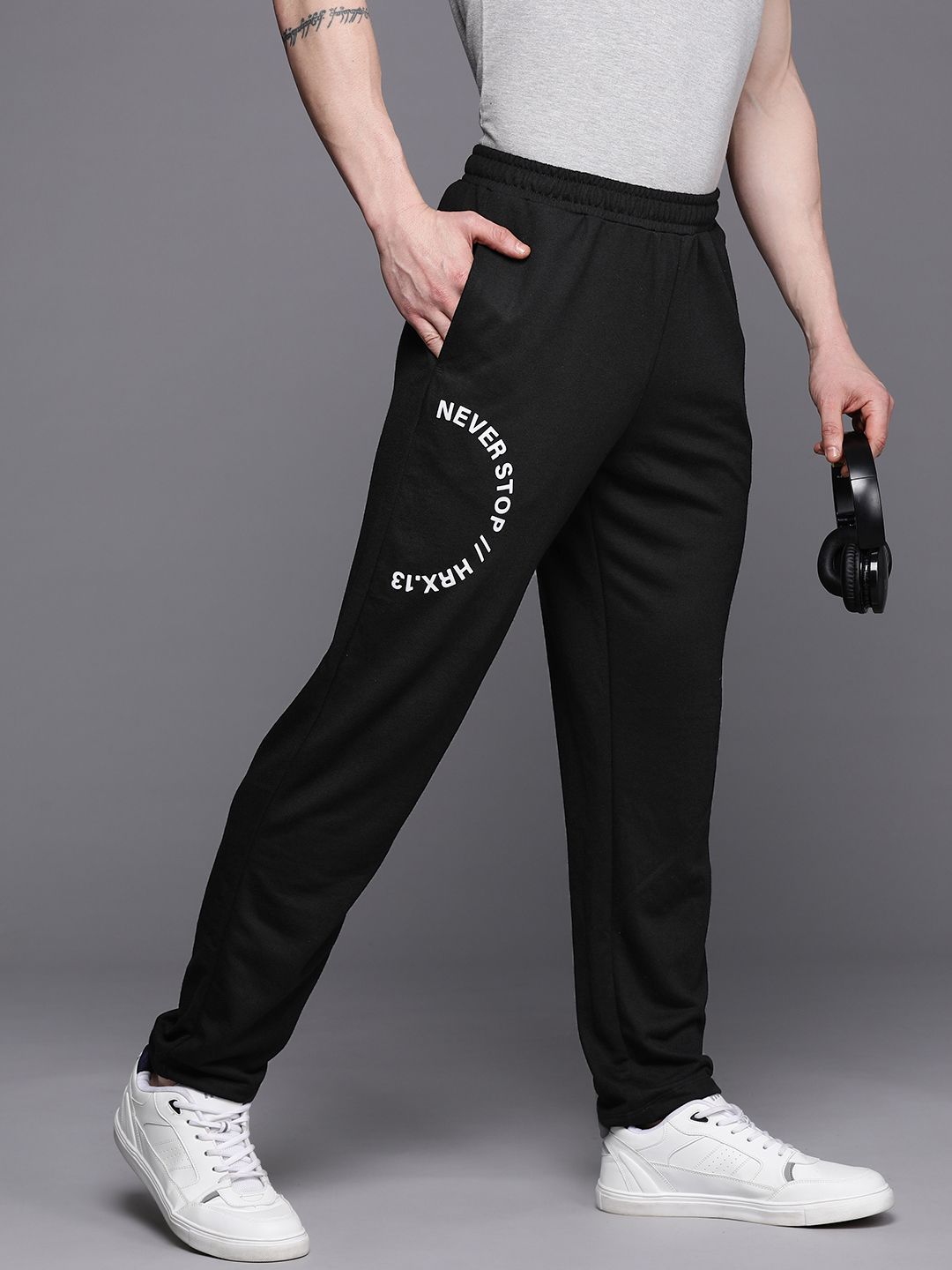 HRX by Hrithik Roshan Men Black Printed Detail Regular Fit Track pants