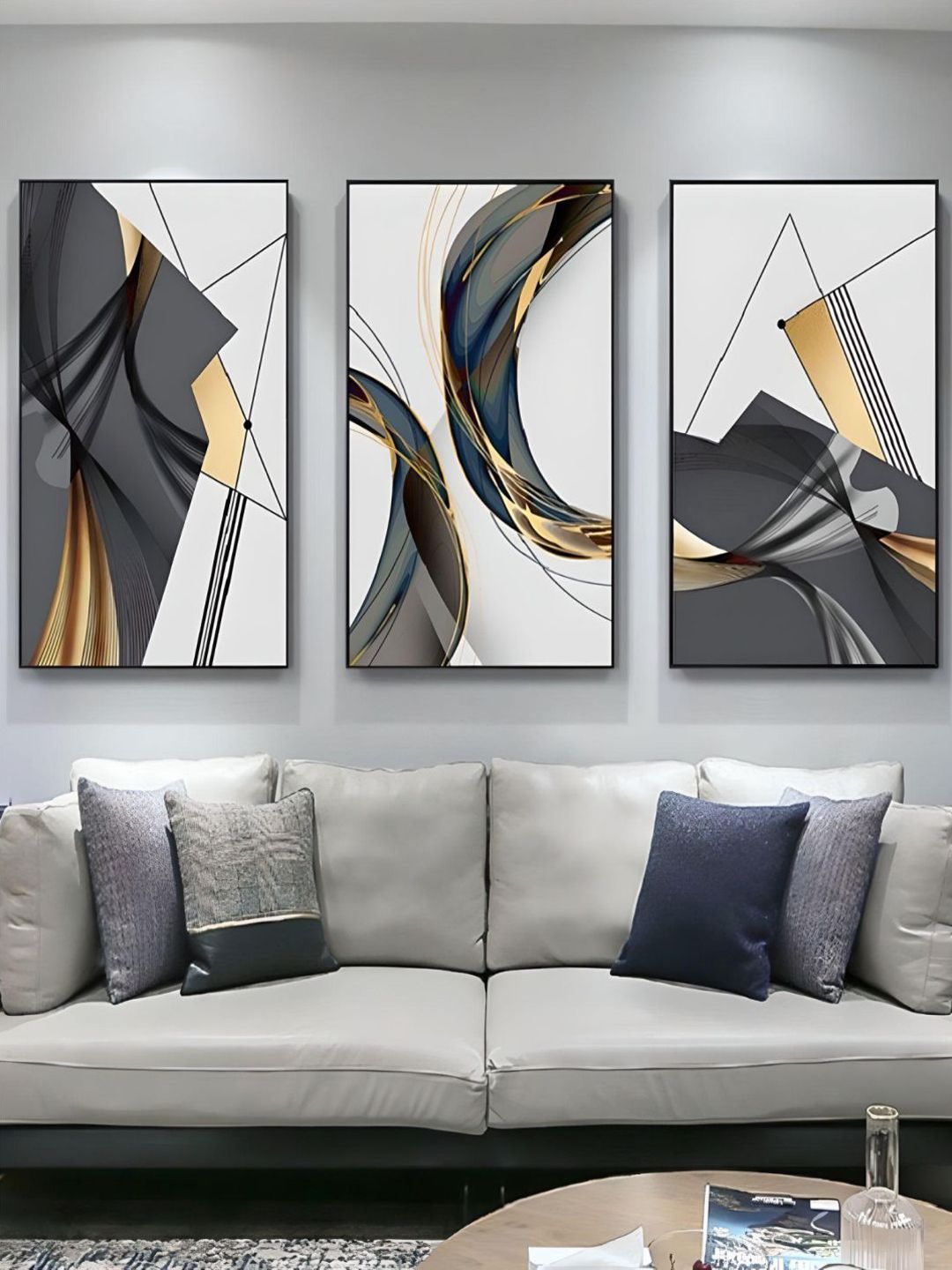 THE HANDMADE FLAIR Crystal 3-Pcs Grey & Golden Geometric Flowing Shapes Framed Wall Art-image-35