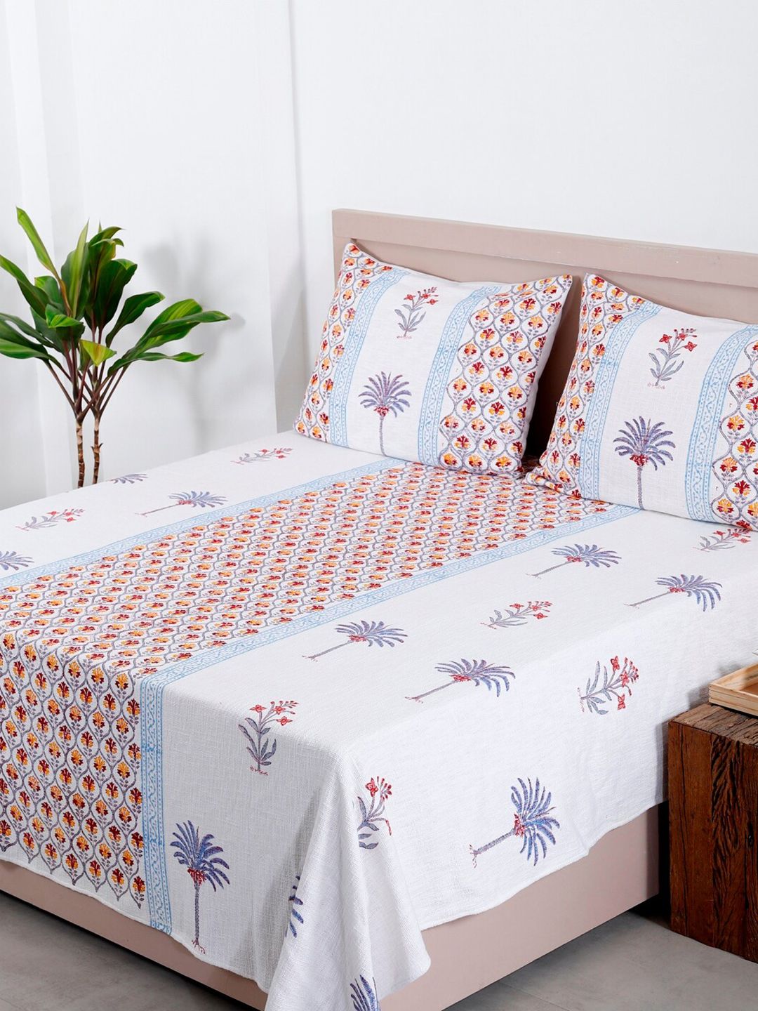 HANDICRAFT PALACE White Printed 350 GSM Cotton Double King Bed Cover With 2 Pillow Covers-picture-30