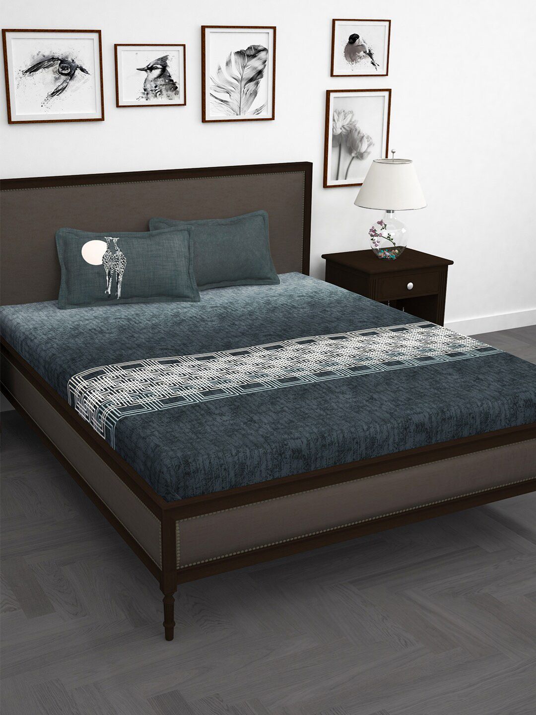 Story@home Grey & White Printed Cotton 240TC King Bedsheet with 2 Pillow Covers-picture-23