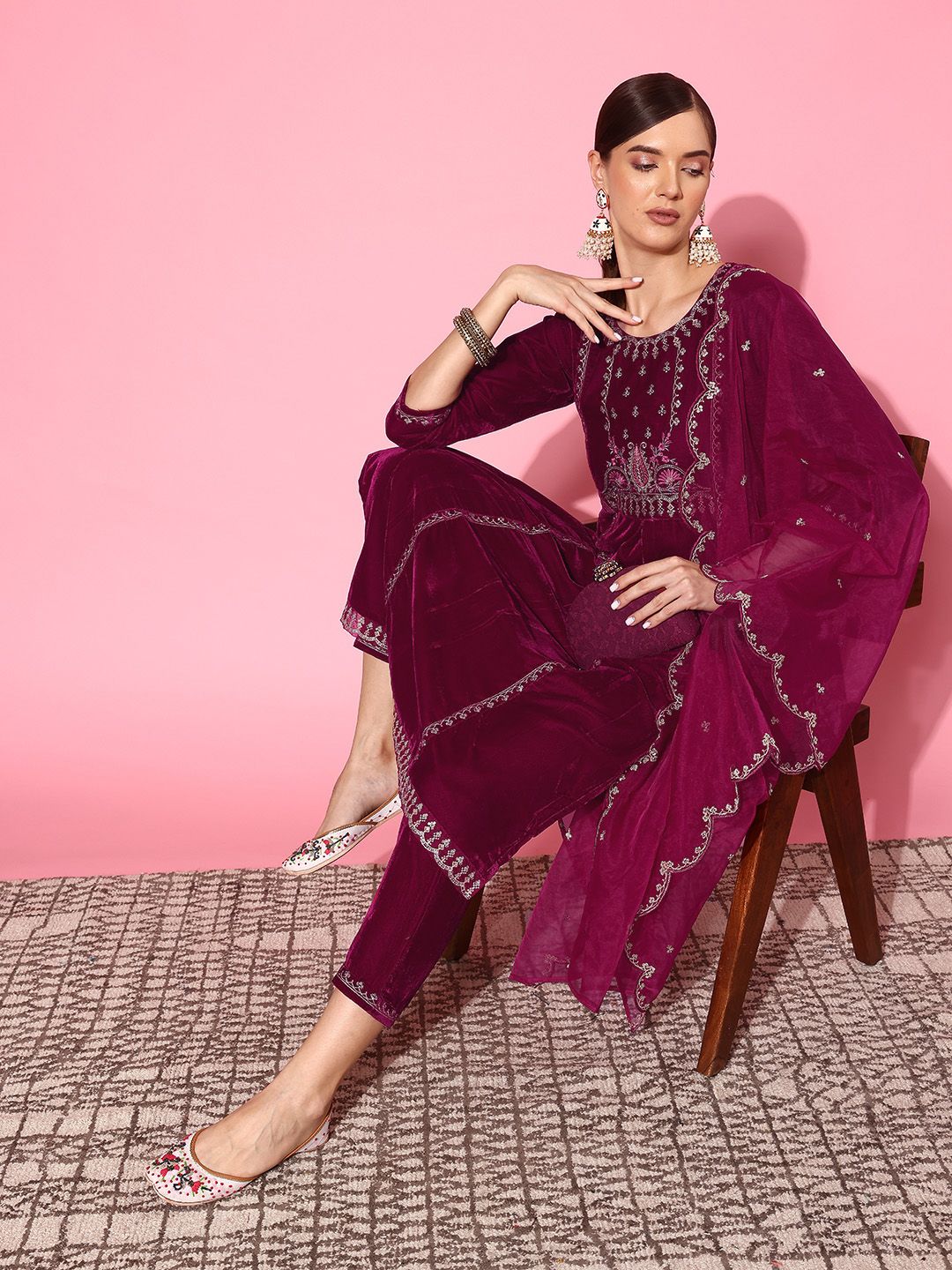 Sangria Ethnic Motifs Embroidered Panelled Thread Work Velvet Kurta Set