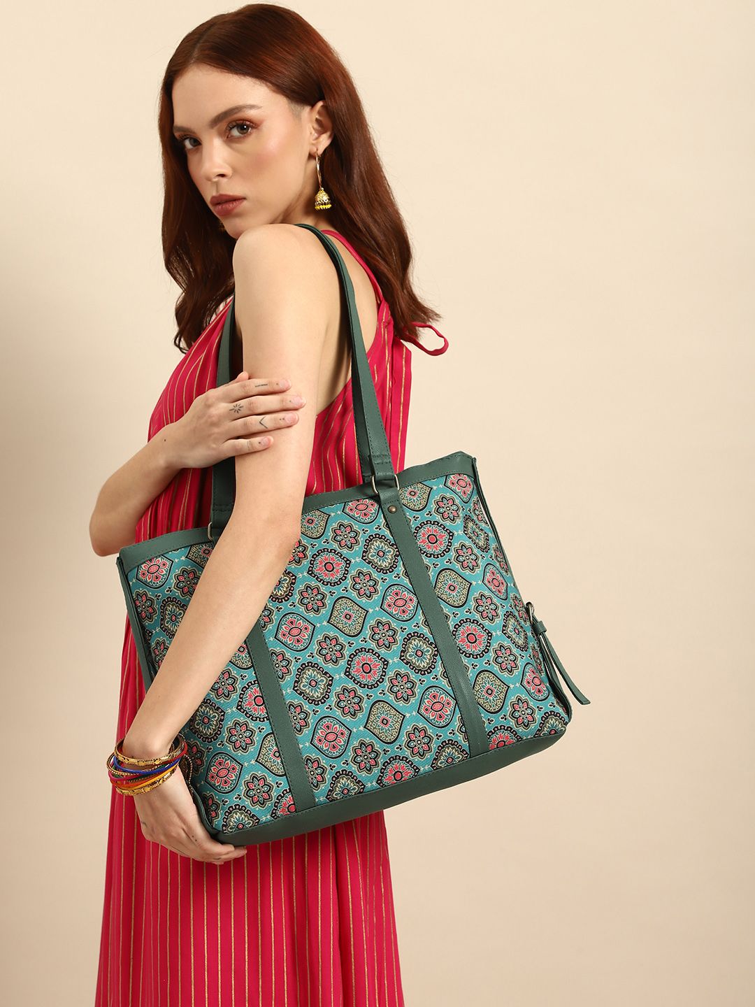 Anouk Sea Green Ethnic Motifs Printed Oversized Shopper Shoulder Bag-picture-13