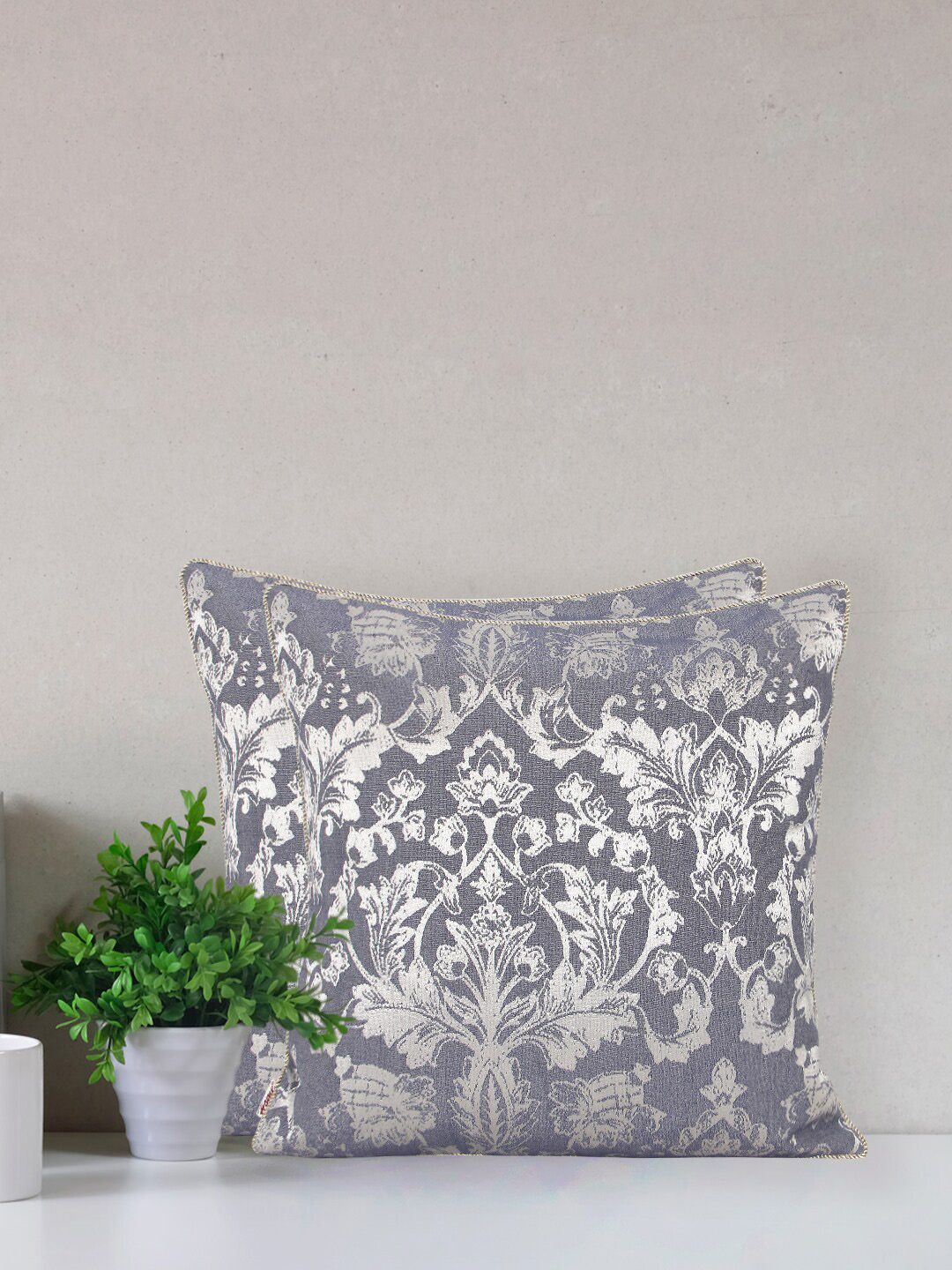 Home Fiore Jacquard Blue & Silver-Toned Ethnic Motifs Square Cushion Cover-picture-30