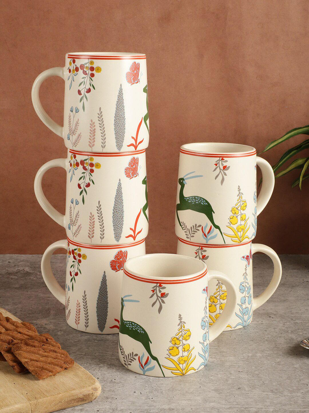 MIAH Decor Cream-Coloured & Red 6 Pieces Printed Ceramic Matte Mugs-300ml-picture-8