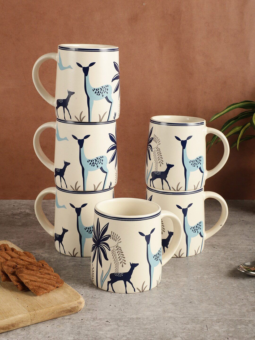 MIAH Decor Cream-Coloured & Blue 2 Pieces Printed Ceramic Matte Mugs-350ml Each-image-35