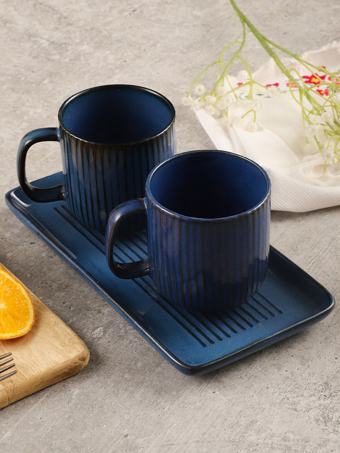 MIAH Decor Blue 3 Pieces Textured Ceramic Glossy Mugs & Serving Platter -310ml Each-image-39