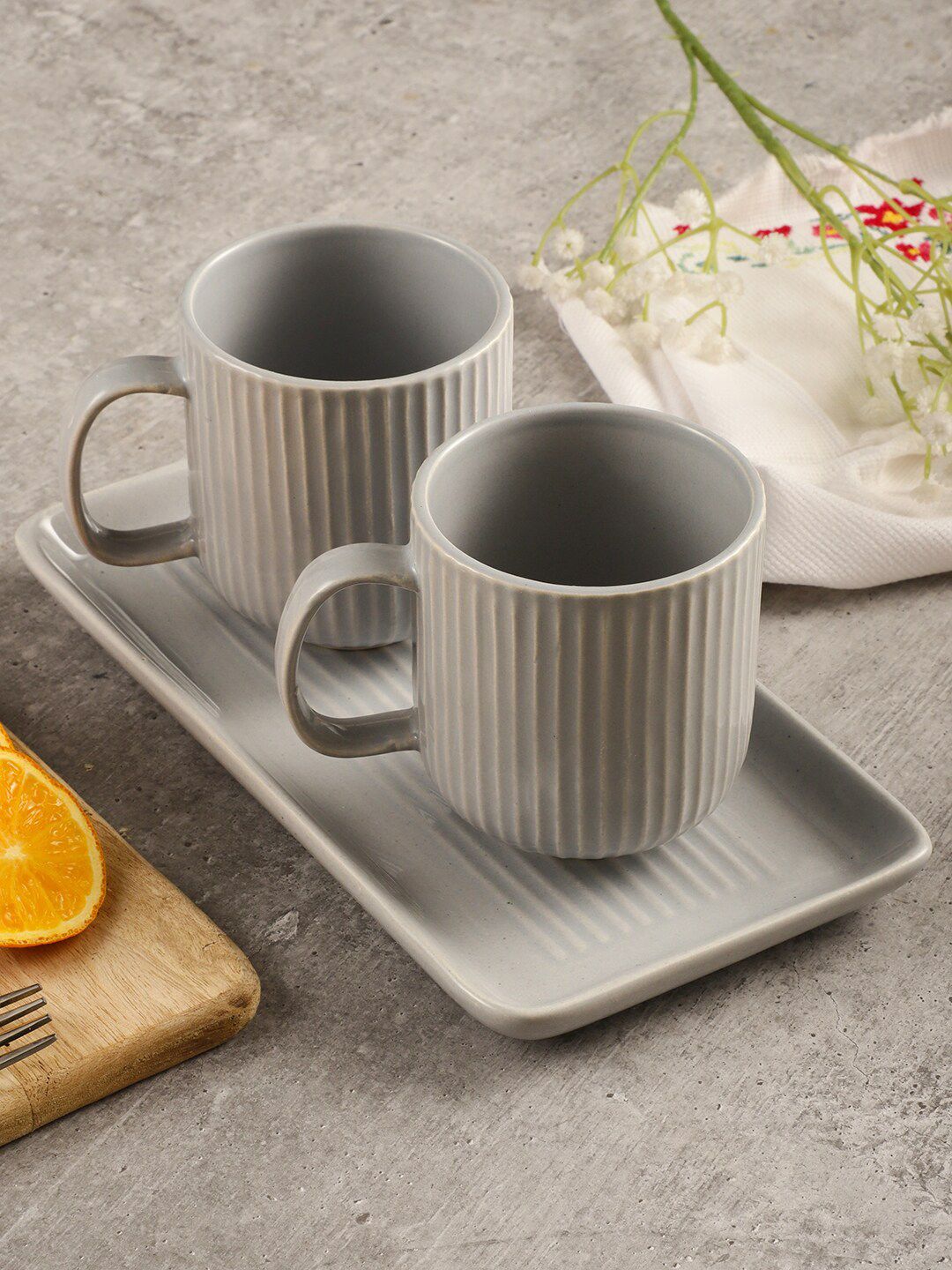 MIAH Decor Grey 3 Pieces Textured Ceramic Glossy Mugs With Serving Platter - 310 ml Each-image-11