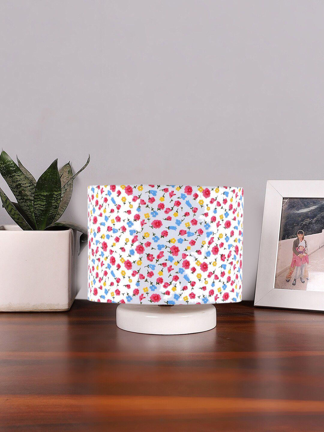 Devansh White & Pink Printed Cotton Table Lamp With Wood Base-image-48