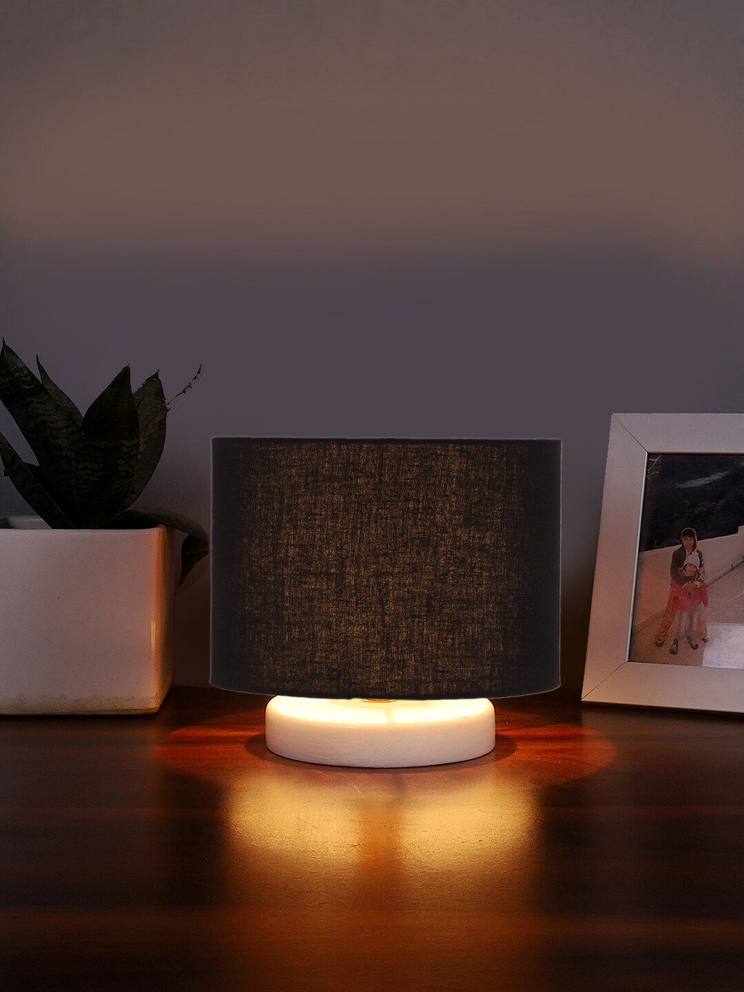 Devansh Black & White Textured Cotton Table Lamp With Wooden Base-image-41