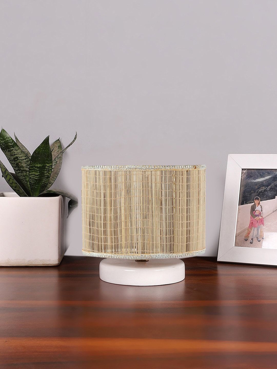 Devansh Beige & White Textured Bamboo Table Lamp With Wooden Base-image-48