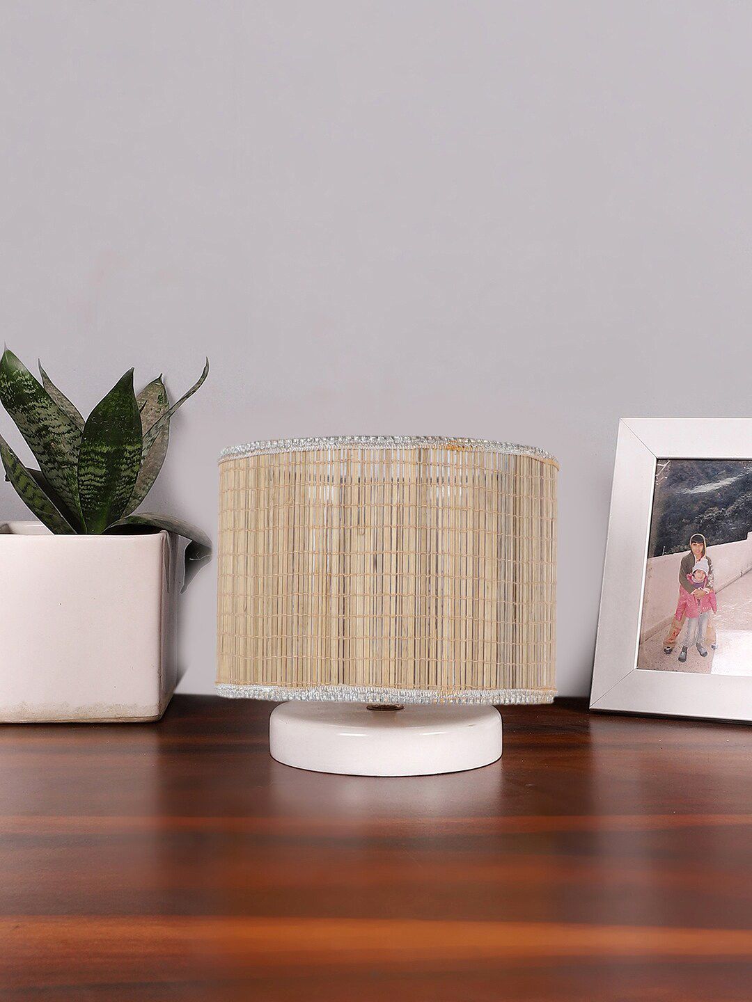 Devansh White & Beige Textured Wooden Table Lamp-image-11