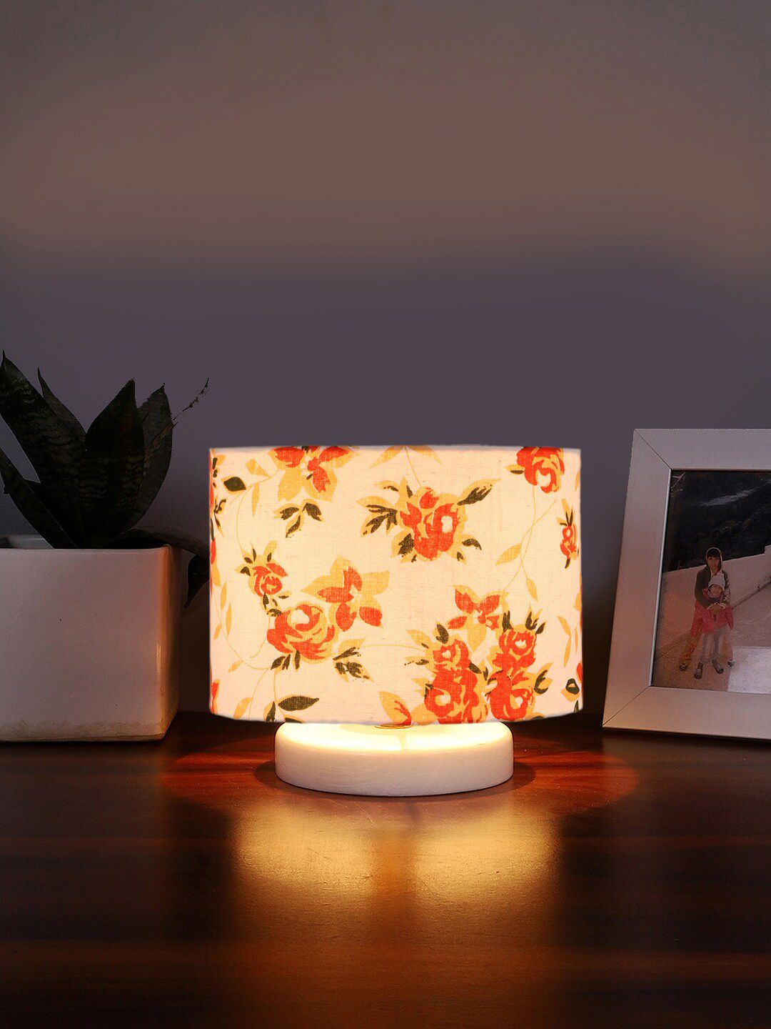Devansh White & Orange-Colored Printed Cylindrical Wooden Table Lamp-image-31
