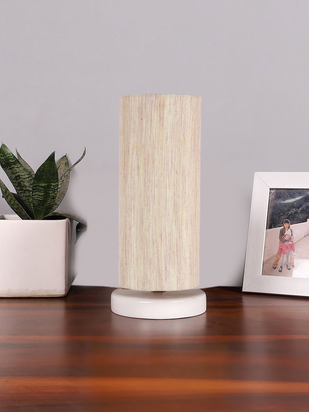 Devansh Off-White & White Textured Cotton Table Lamp With Wooden Base-image-0