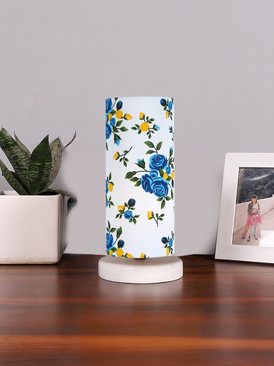 Devansh White & Blue Printed Cotton Table Lamp With Wooden Base-image-48