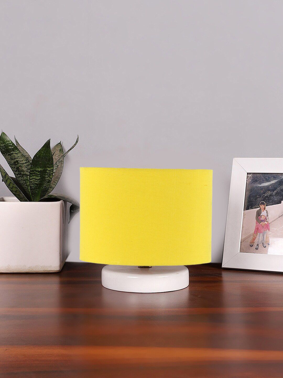Devansh Yellow & White Textured Cotton Table Lamp With Wooden Base-picture-18