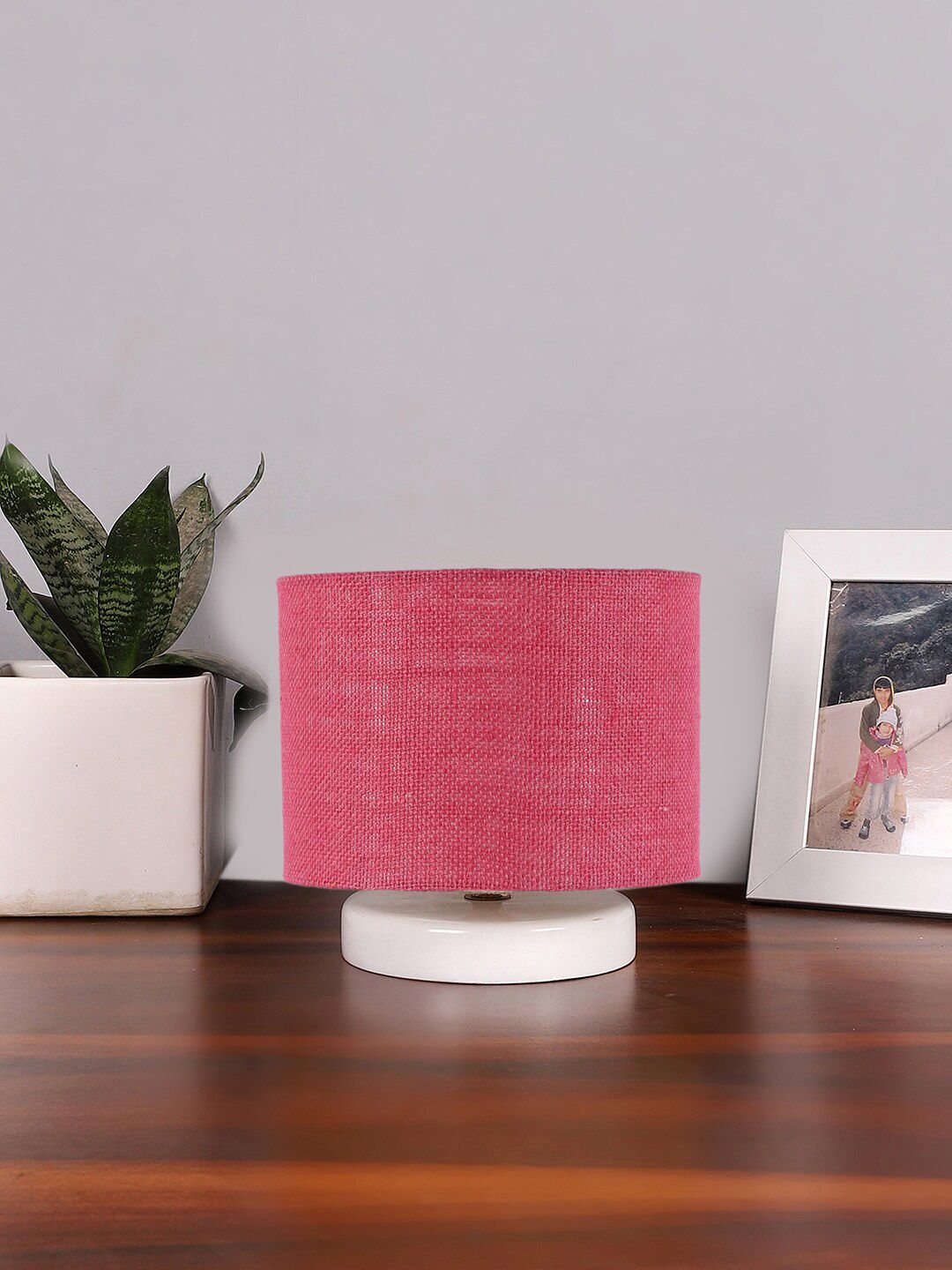 Devansh Pink & White Textured Jute Table Lamp With Wooden Base-image-20