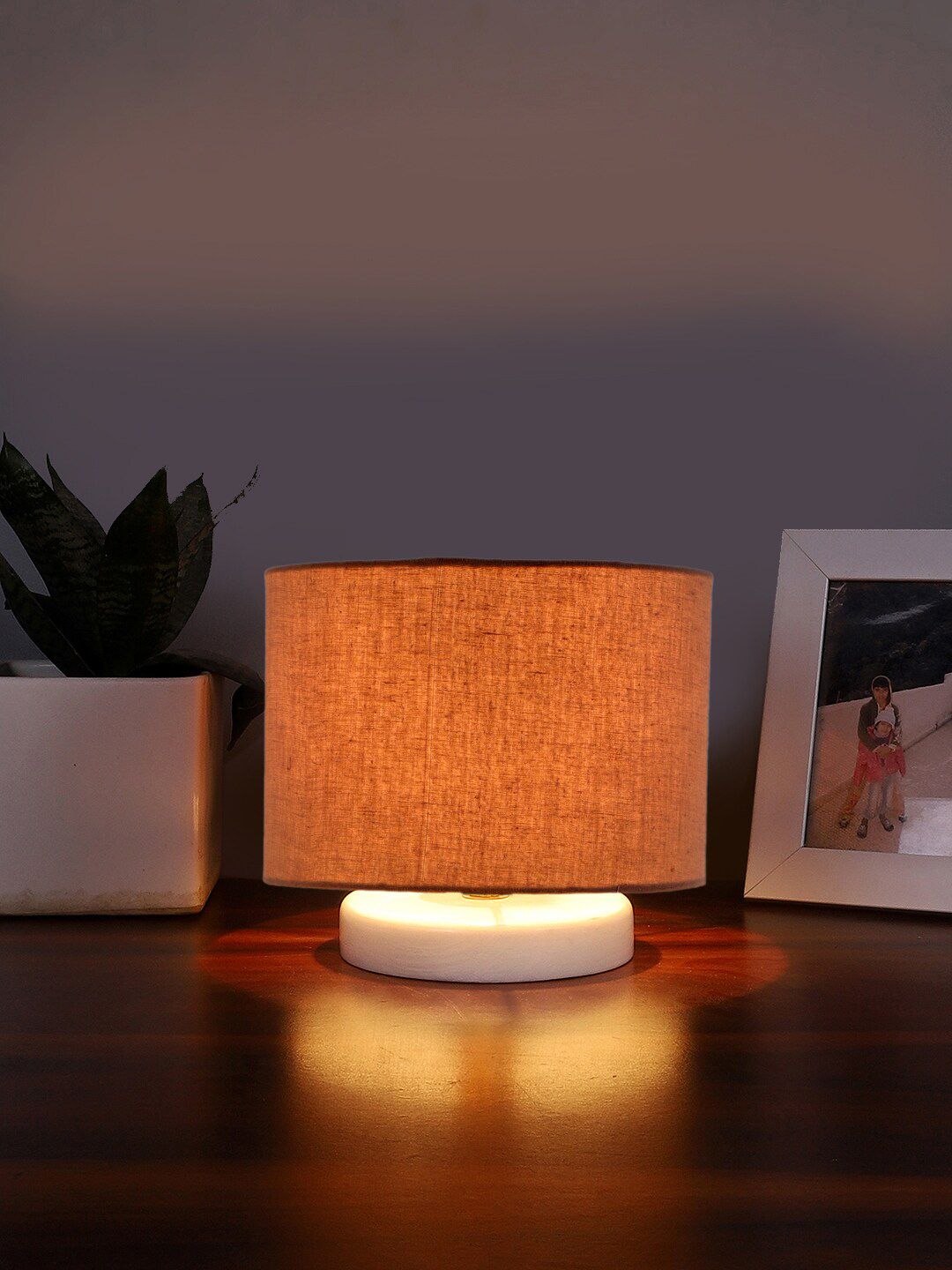 Devansh Grey & White Textured Cotton Table Lamp With Wooden Base-image-30