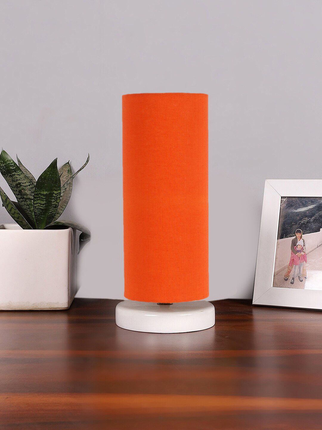 Devansh Orange-Coloured & White Textured Cotton Table Lamp With Wooden Base-image-7