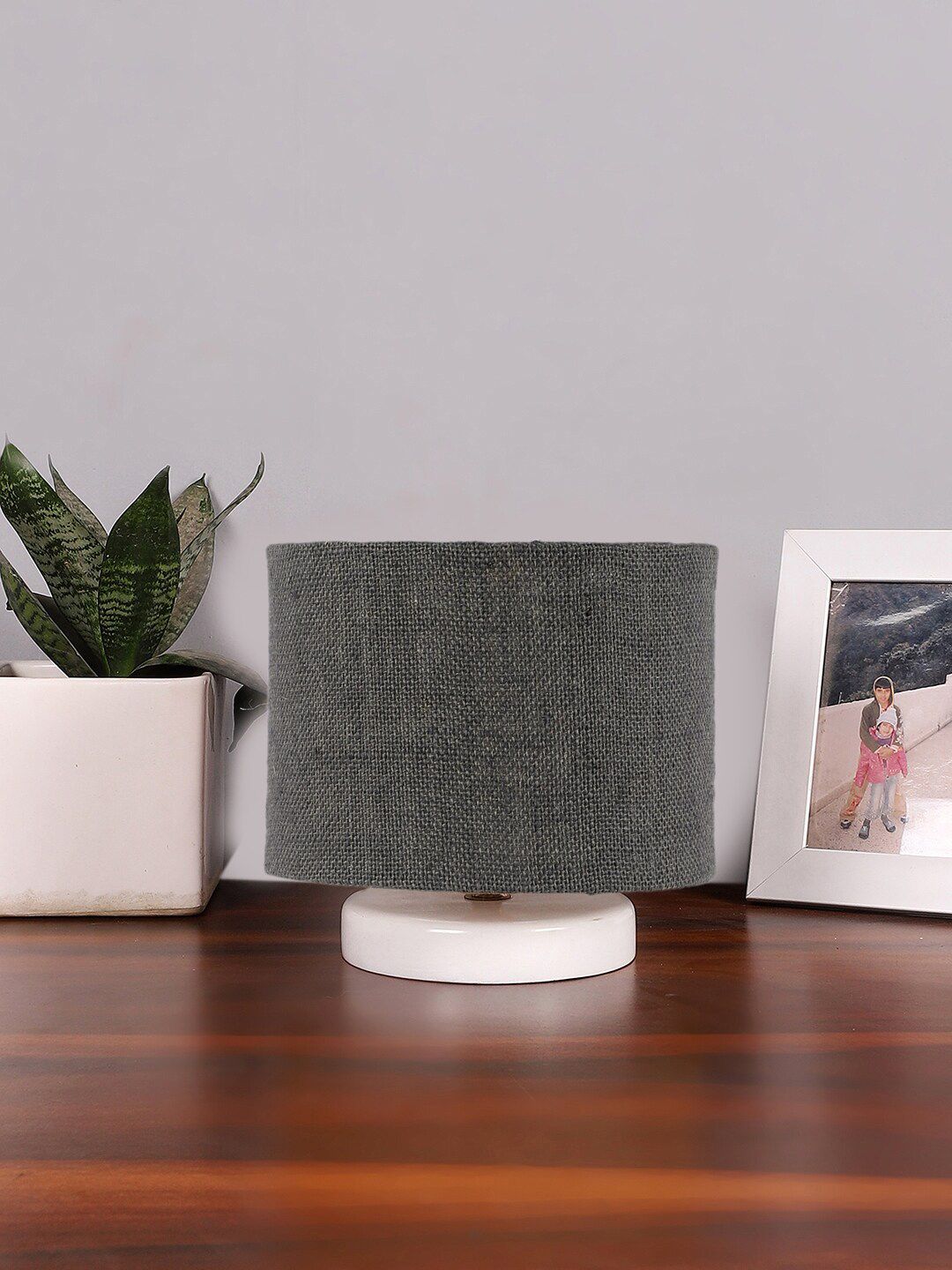 Devansh Grey & White Textured Jute Table Lamp With Wooden Base-image-11