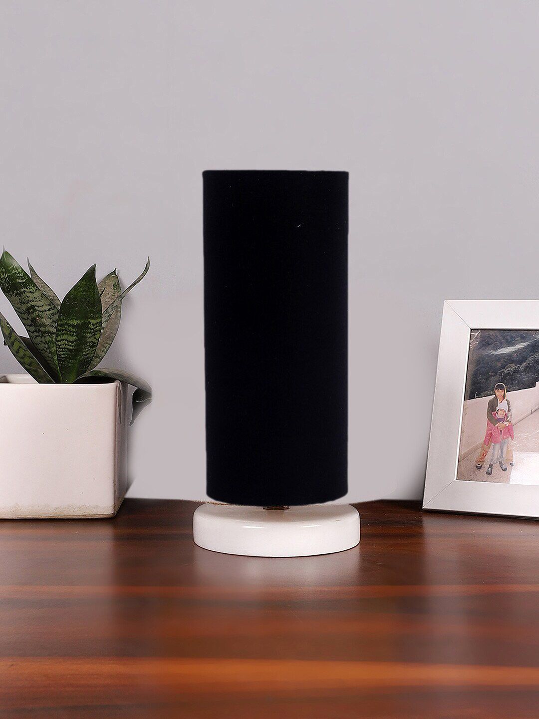 Devansh Black & White Textured Cotton Table Lamp With Wooden Base-image-16