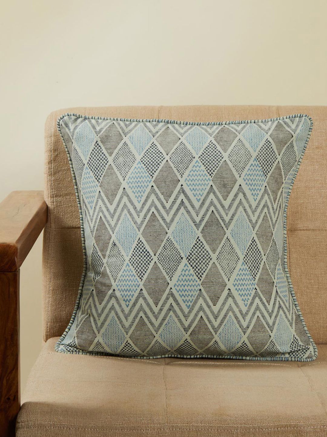 Fabindia Earth Files Green & Grey Geometric Cotton Square Cushion Cover-picture-20
