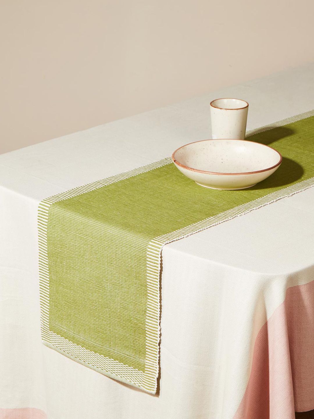 Fabindia Avikar Variation Green Striped Woven Cotton Table Runners