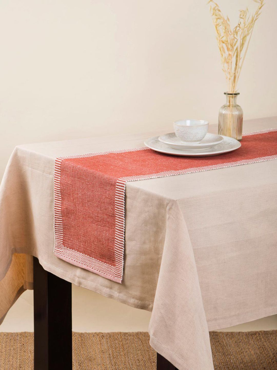 Fabindia Avikar Red & White Striped Pure Cotton Table Runner-image-2