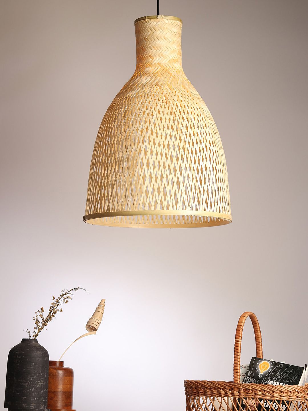 HABERE INDIA Beige Bell Shaped Bamboo Pendant Lampshade-image-32