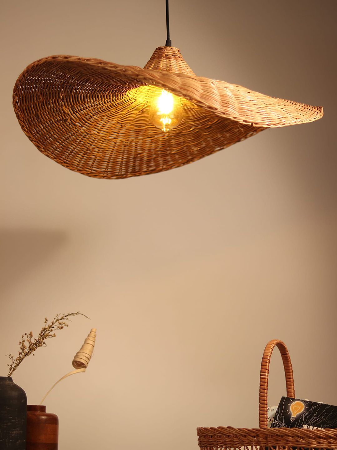 HABERE INDIA Brown Textured Rattan Wood Ceiling Lamp-picture-27