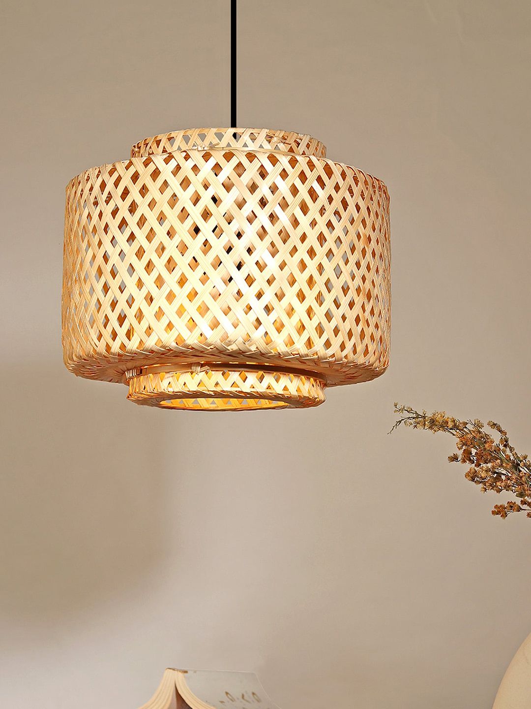 HABERE INDIA Beige Textured Bamboo Ceiling Lamps-image-15