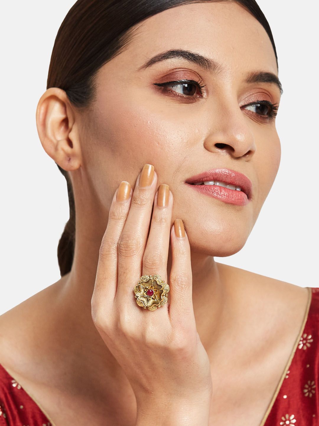 ATIBELLE Gold-Plated Stone-Studded Adjustable Finger Ring