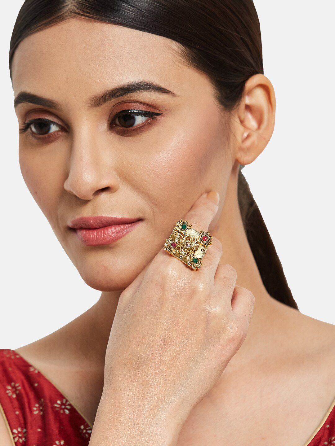 ATIBELLE Gold-Plated Stone-Studded Adjustable Finger Ring