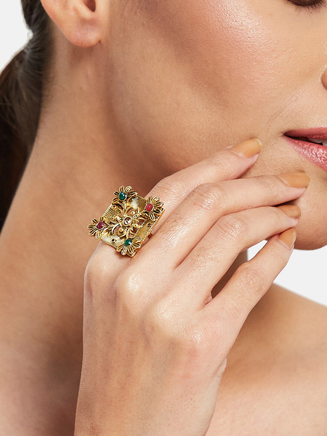 ATIBELLE Gold-Plated Stone-Studded Adjustable Finger Ring