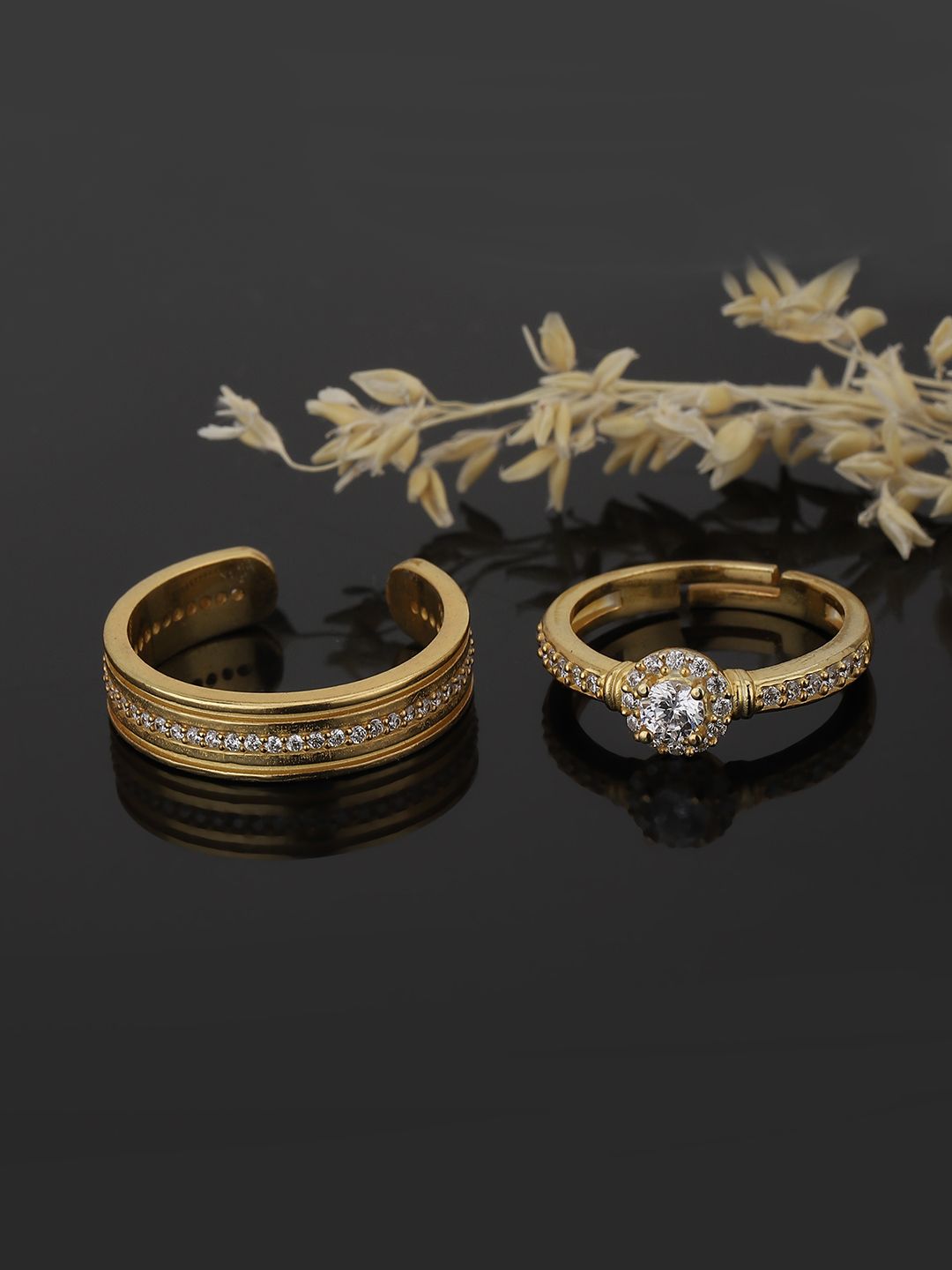 Carlton London Set Of 2 Gold-Plated Cubic Zirconia-Studded Adjustable Couple Finger Rings