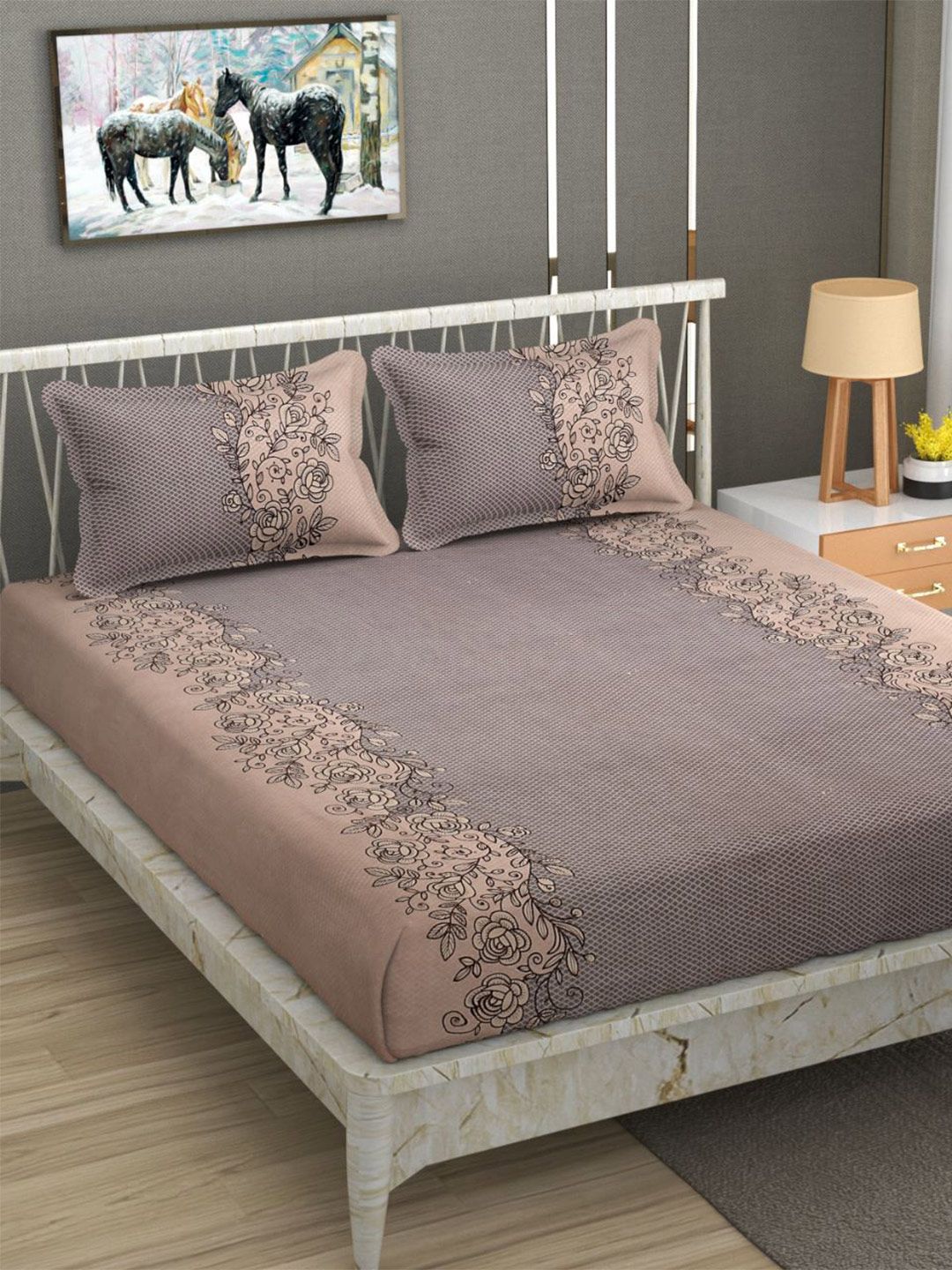 Bajo's Grey & Beige Printed Cotton 250 TC Fitted Queen Bedsheet with 2 Pillow Covers-picture-20