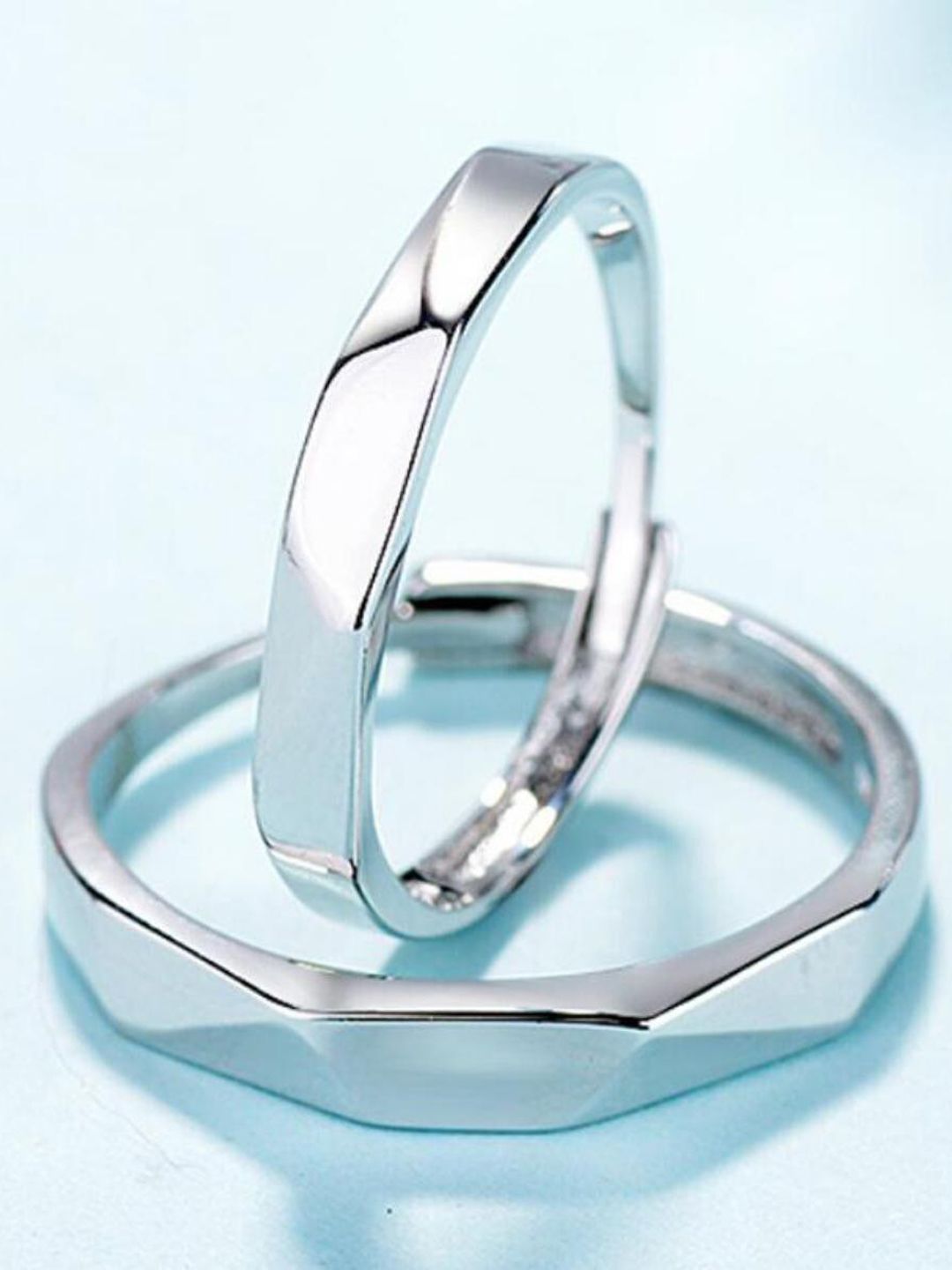 MYKI Unisex Set Of 2 Silver-plated & CZ-Studded Adjustable Couple Rings-picture-32