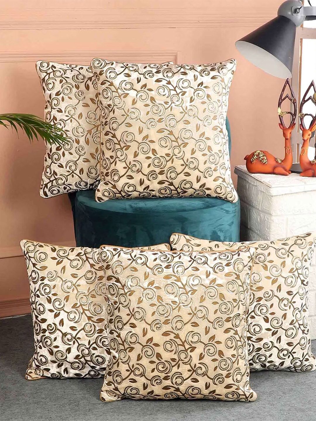 MFD HOME FURNISHING Cream-Coloured 5 Pieces Ethnic Motifs Velvet Square Cushion Covers-picture-34
